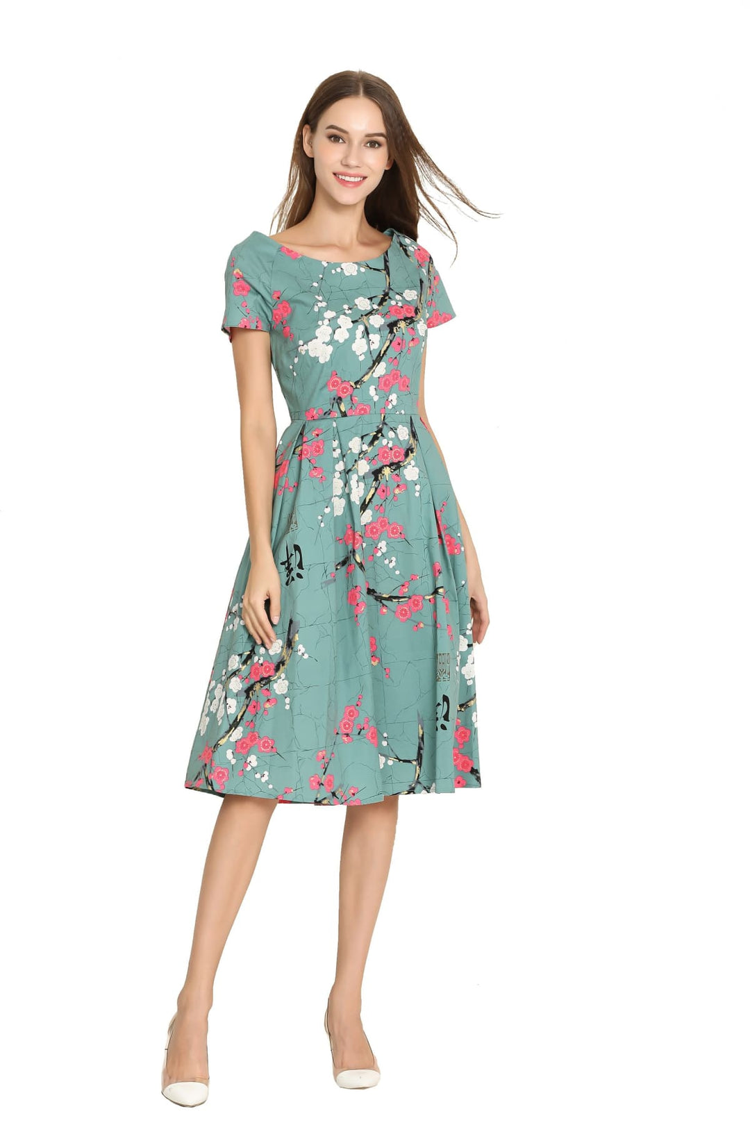 Turquoise Green with Pink & White Blossom Scoop Neck Vintage Dress with ...